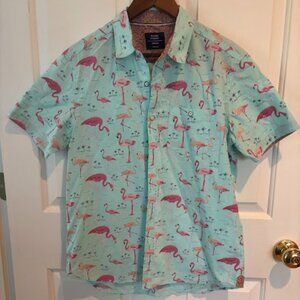 Mens Sunrise Kingdom Hawaiian Shirt Size MED Blue w/ Pink Flamingos & Palm Trees